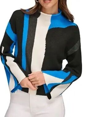 Donna Karan Colorblock Mock Neck Sweater Block-color - Blue, Black & White